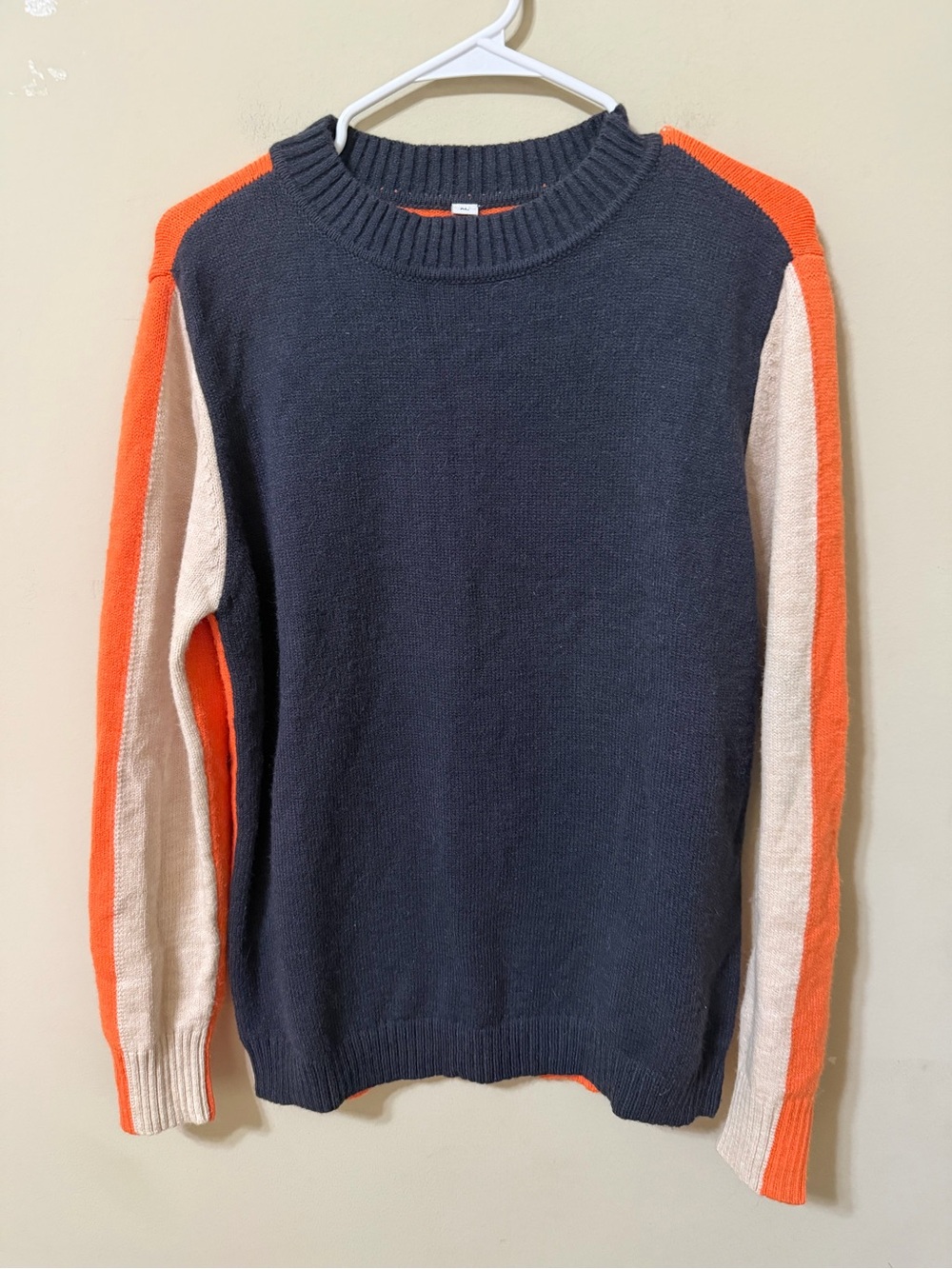 Women's Crewneck Sweater wool XL Navy with Orange & Cream Stripe Sleeves nwot